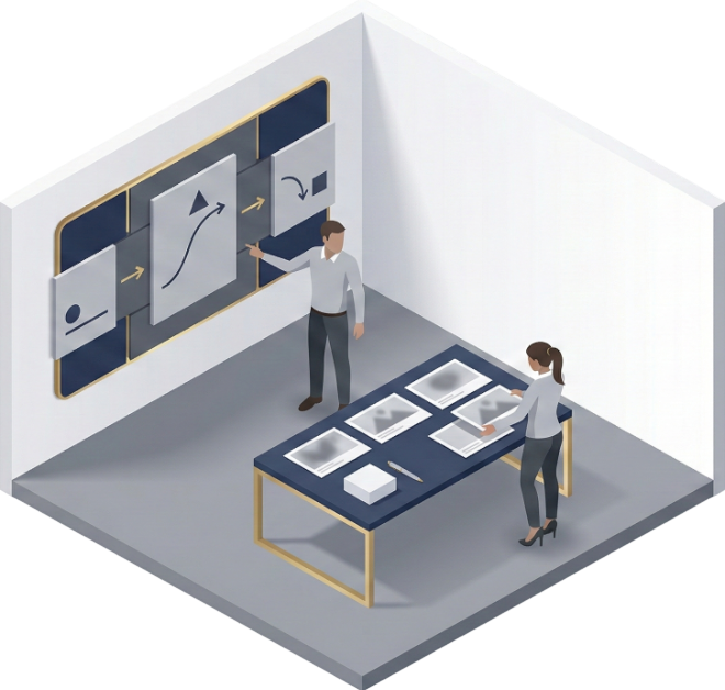 Illustration isométrique de deux personnes analysant une stratégie et des graphiques